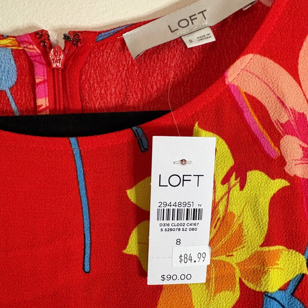 LOFT Red Floral Cap Sleeve Midi Dress Side Slit Size 8 NWT - Picture 4 of 7